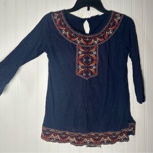 Lucky Brand Top Sleeve XS X Small XSmall Blue Orange Embroidered Boho
